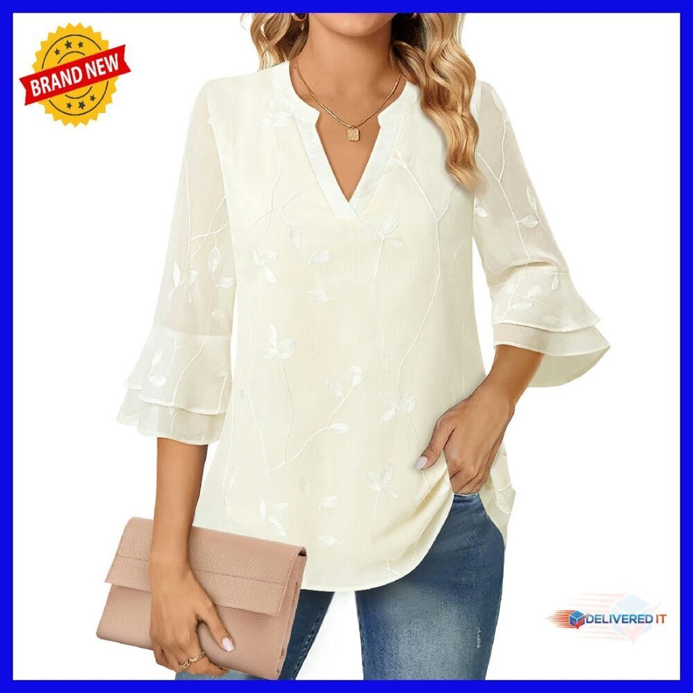 Double Layer Chiffon Tunic with Bell Sleeves - Work & Casual Blouse
